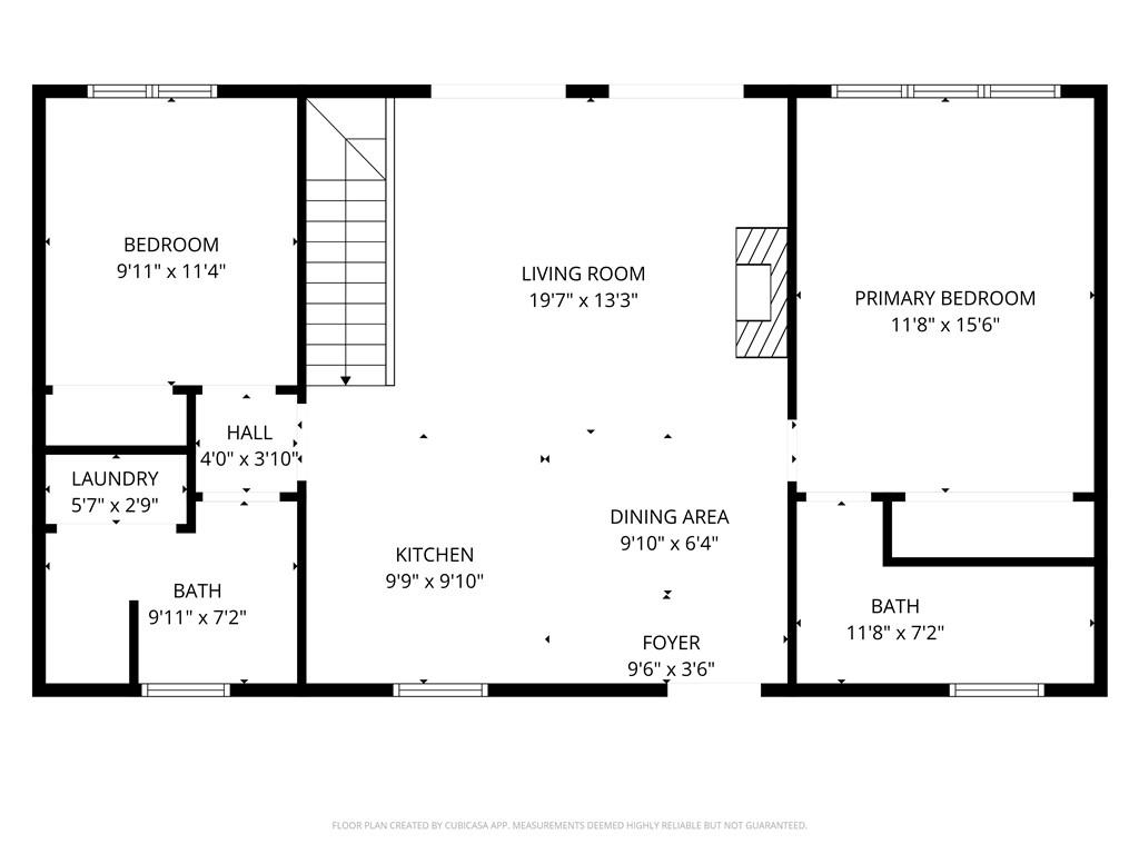 Floor plan showing two bedrooms, two bathrooms, living room, kitchen, dining area, laundry, and room dimensions.