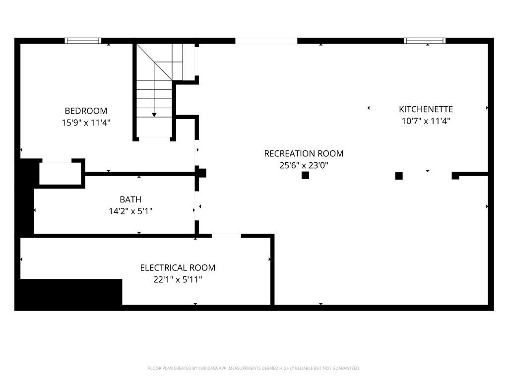 Floor plan showing a recreation room, kitchenette, bedroom, bath, electrical room, and staircase.