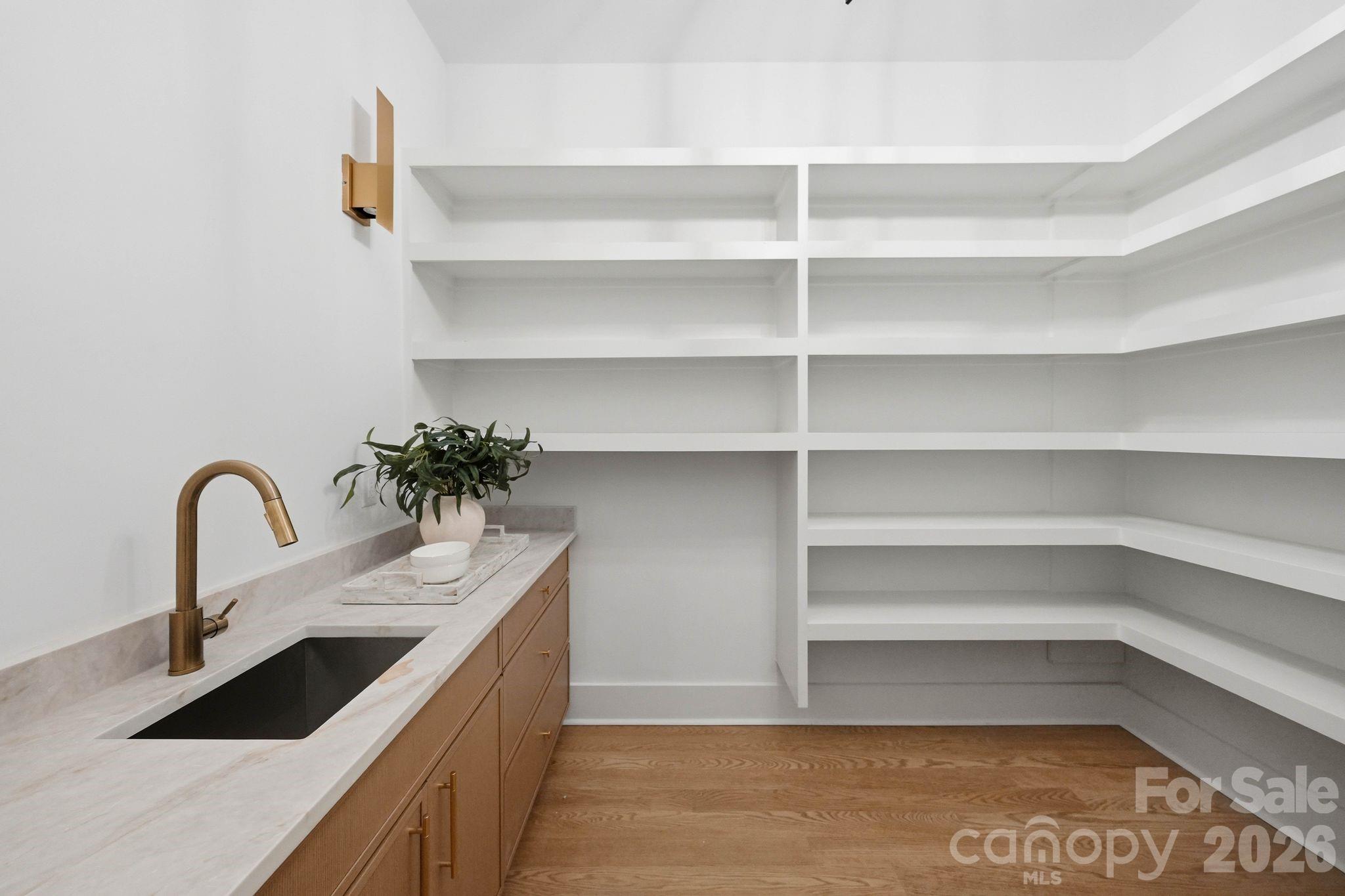 Walk-in pantry with extensive white shelving, a stone counter, dark sink, and brass faucet.