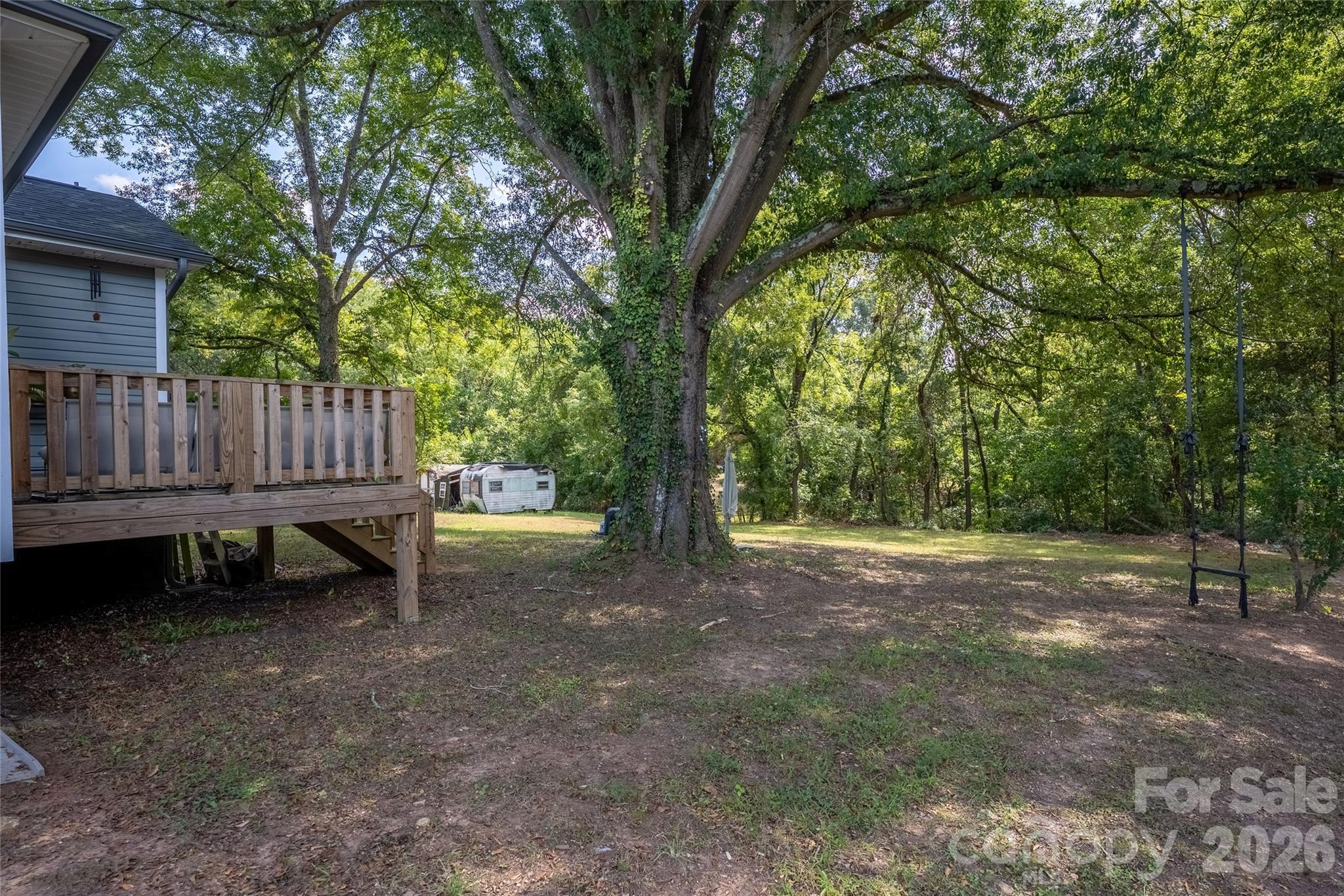 Wooded backyard with a raised deck, ivy-covered tree, and hanging swing.