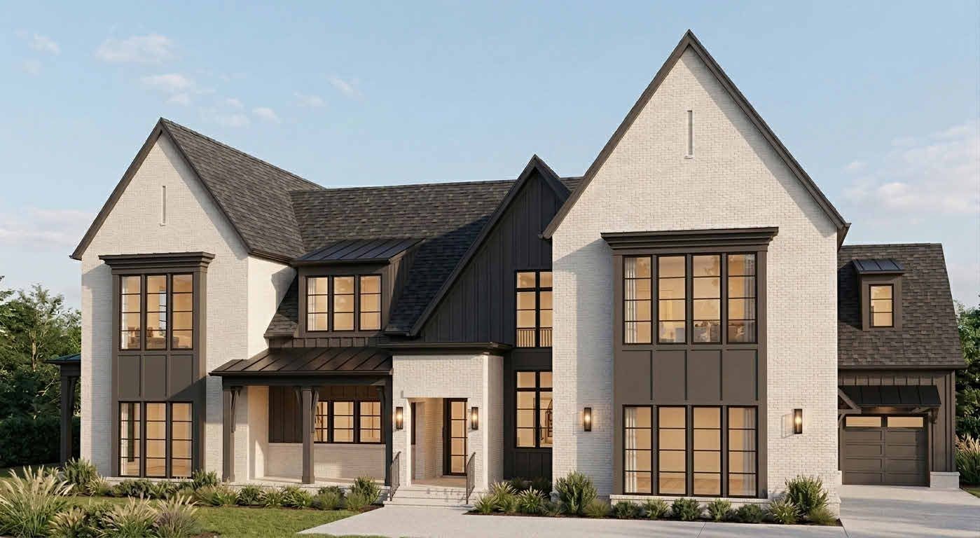 Two-story white brick home with steep gables, black-framed windows, covered porch, and attached garage.