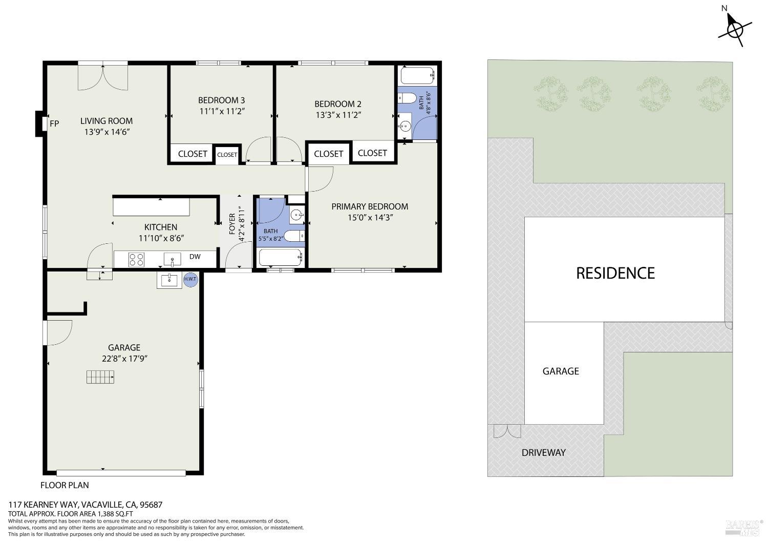 Floor plan and site plan showing the home’s room layout, attached garage, driveway, and 1,388-square-foot area.