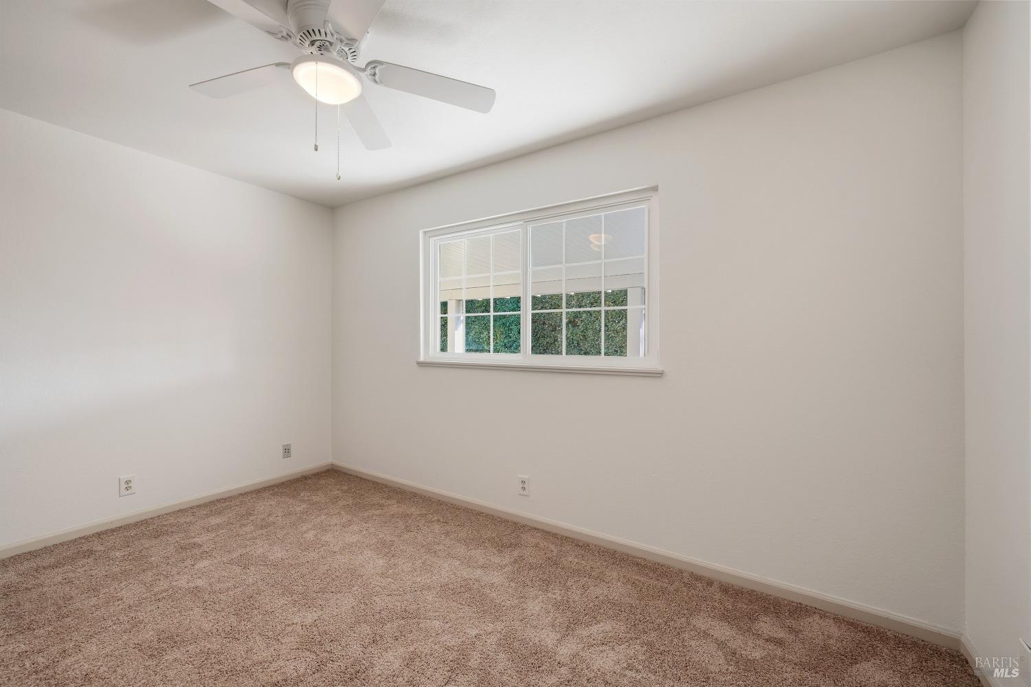 Empty bedroom with beige carpet, a ceiling fan, and a window overlooking greenery.