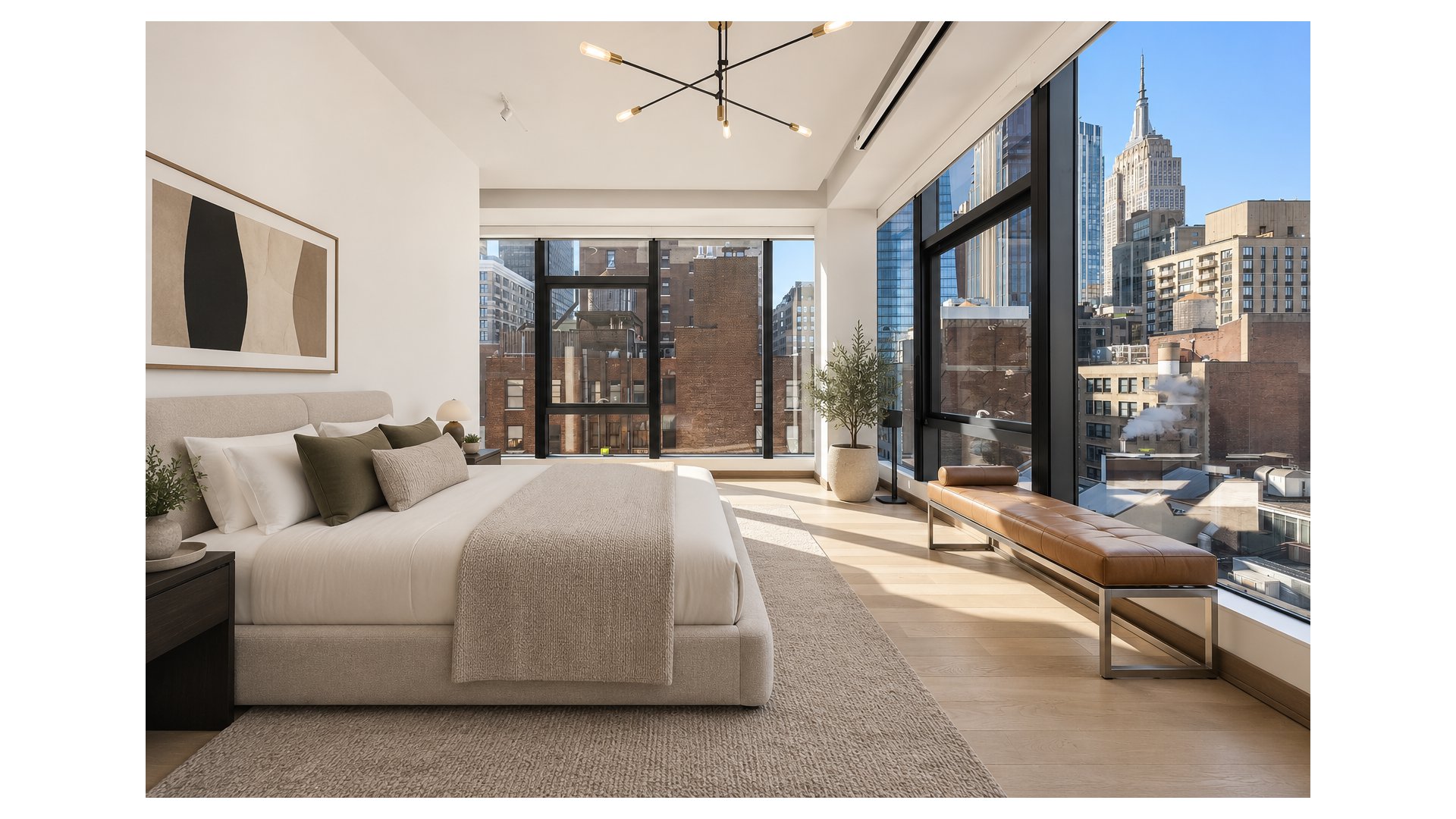 Furnished bedroom with floor-to-ceiling windows overlooking the Empire State Building and Manhattan skyline.