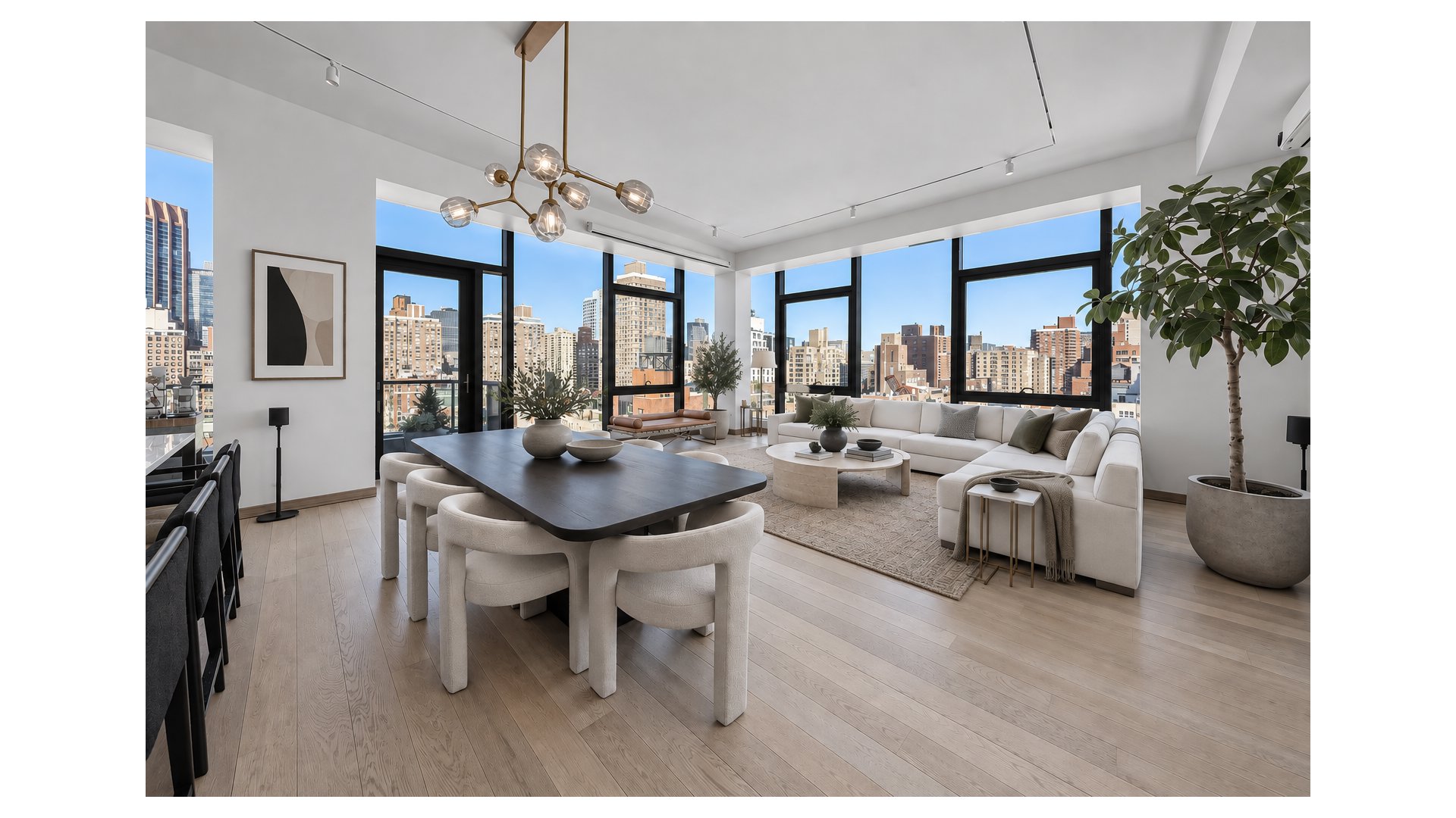 Open-plan living and dining room with floor-to-ceiling windows overlooking the Manhattan skyline.