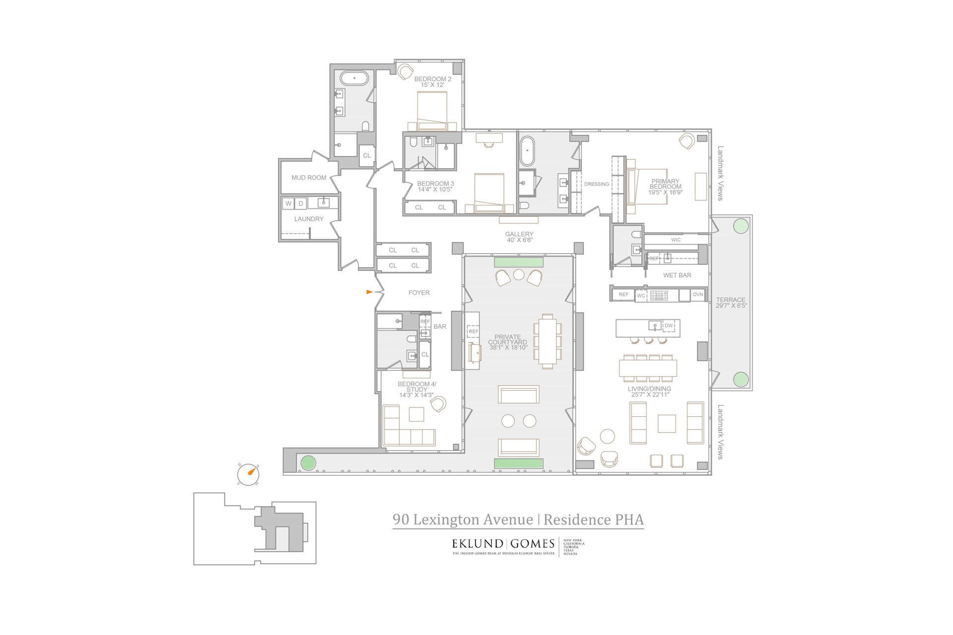 Floor plan of 90 Lexington Avenue Residence PHA, showing four bedrooms, a private courtyard, and terrace.