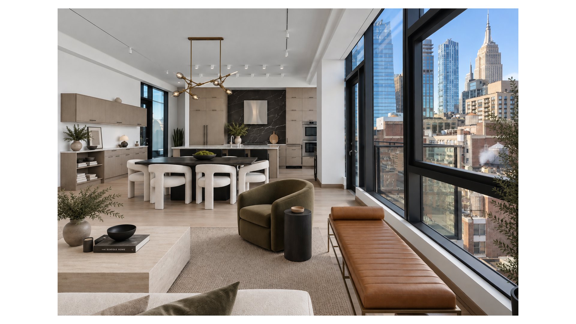 Open-plan living and dining area with a modern kitchen and floor-to-ceiling windows overlooking the city skyline.