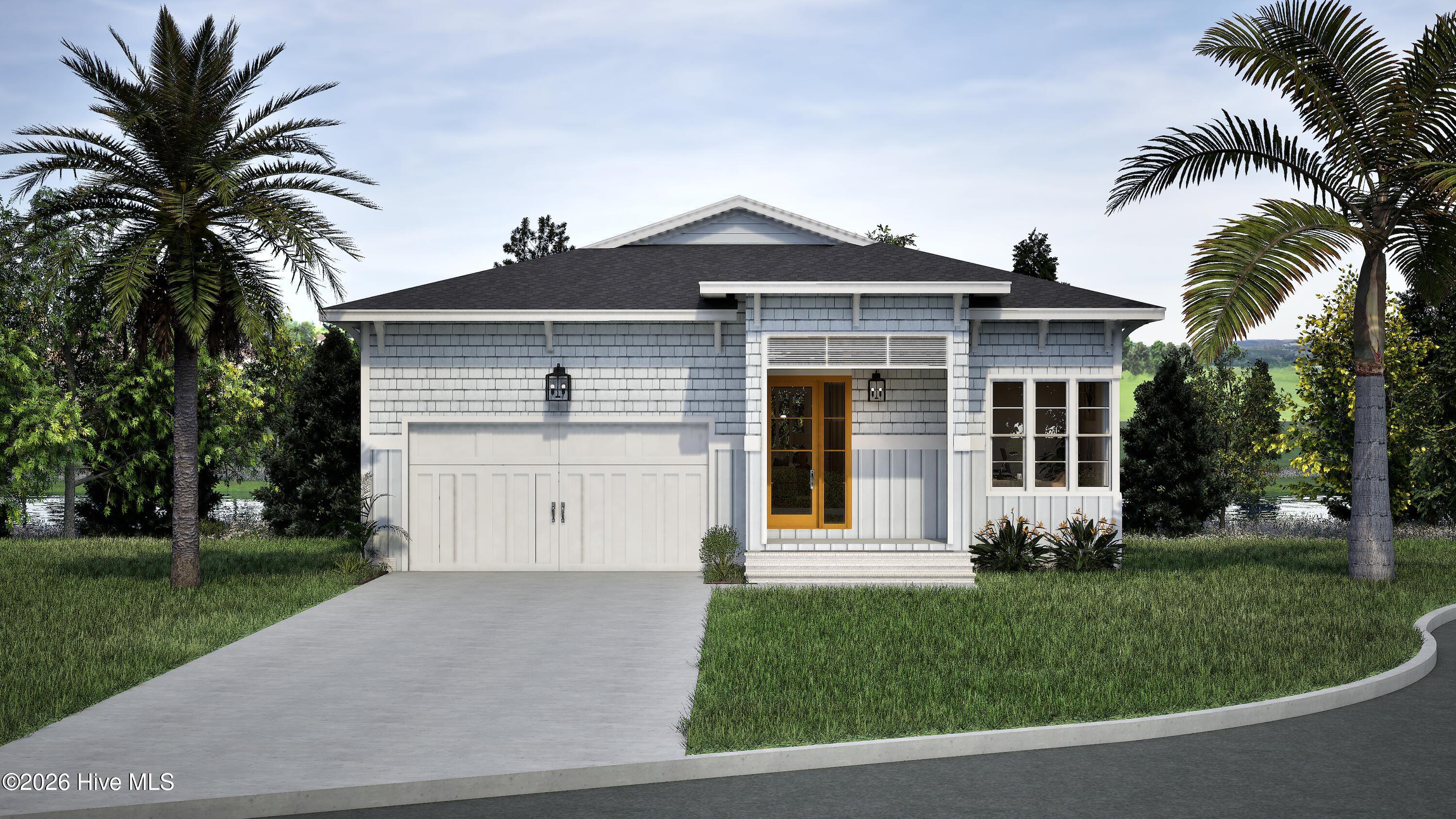 Light gray shingle-style home with an attached garage, double entry doors, driveway, and palm trees.