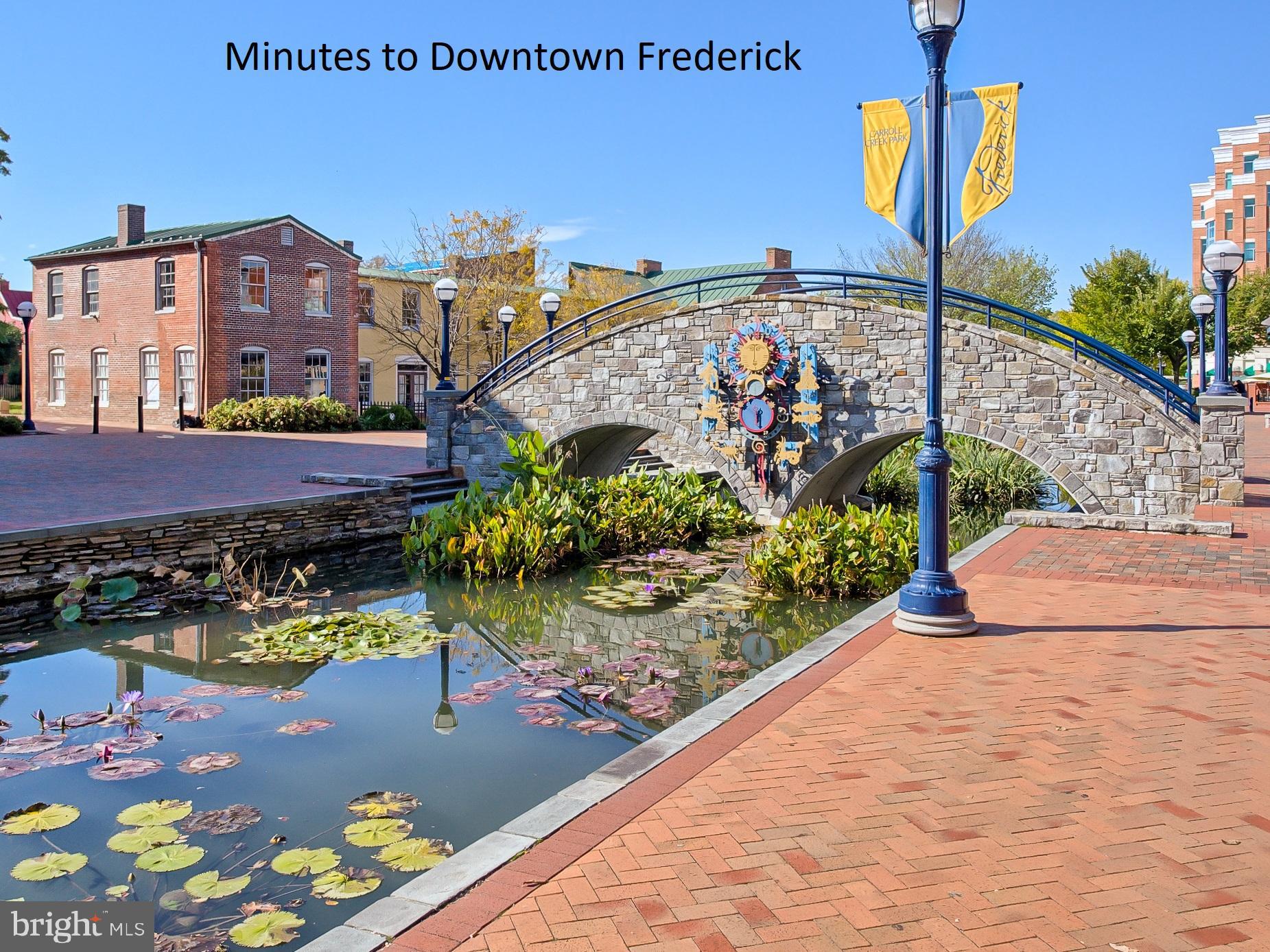 Stone arched bridge over a lily pond in downtown Frederick, with historic brick buildings and brick paving.