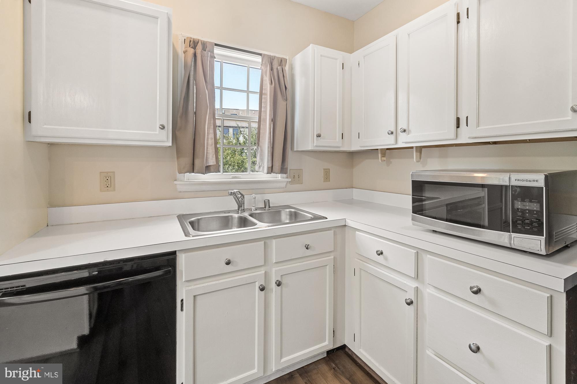 Kitchen with white cabinets, a double-basin sink beneath a window, and a Frigidaire microwave.