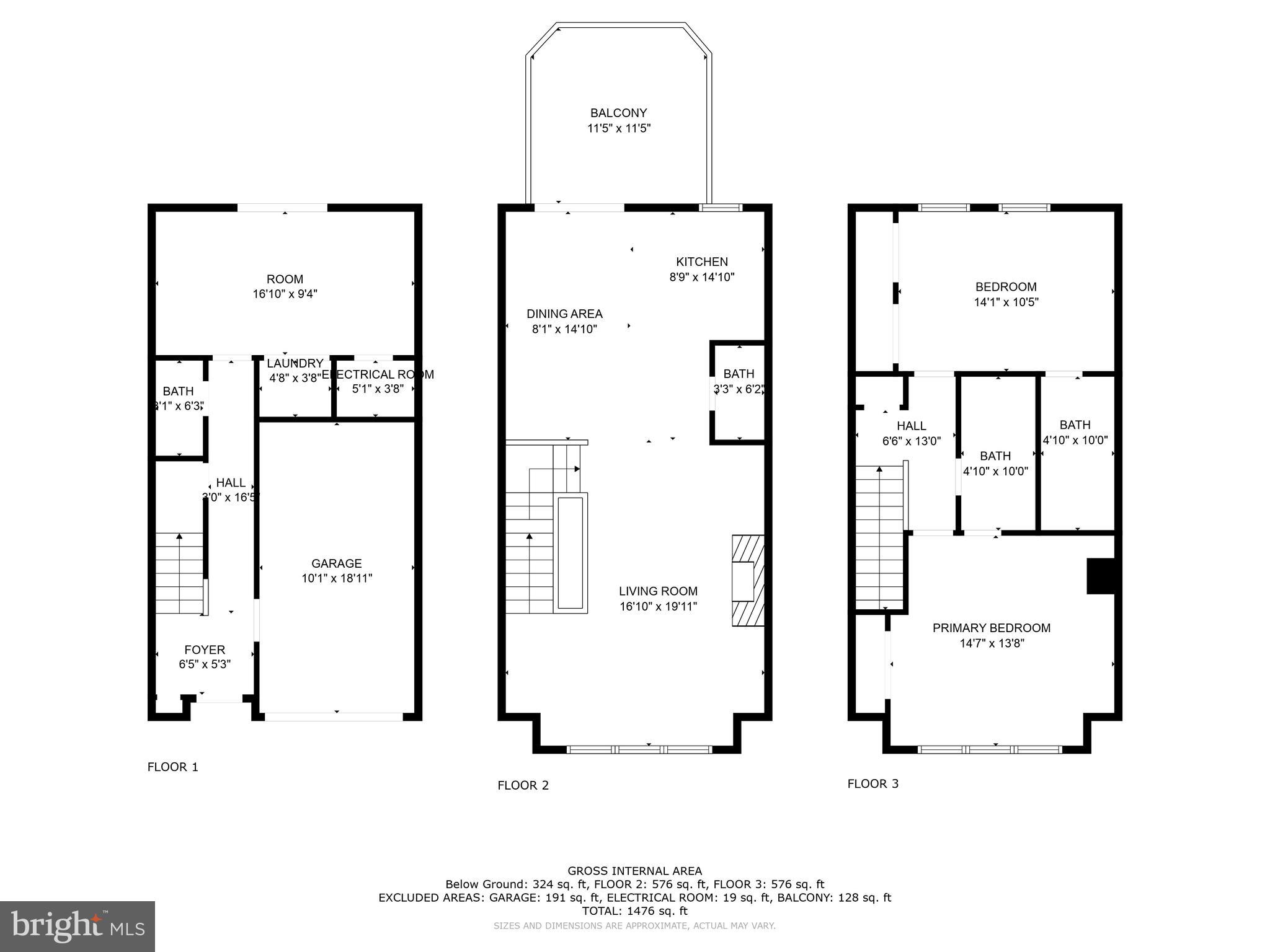 Three-floor home floor plan with labeled rooms, dimensions, balcony, and garage.