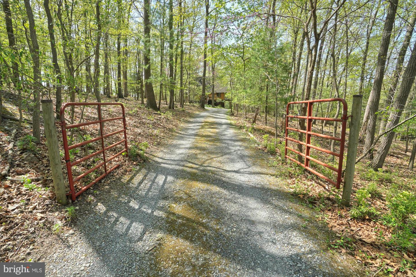 Gravel driveway passes through red metal gates into a wooded property.