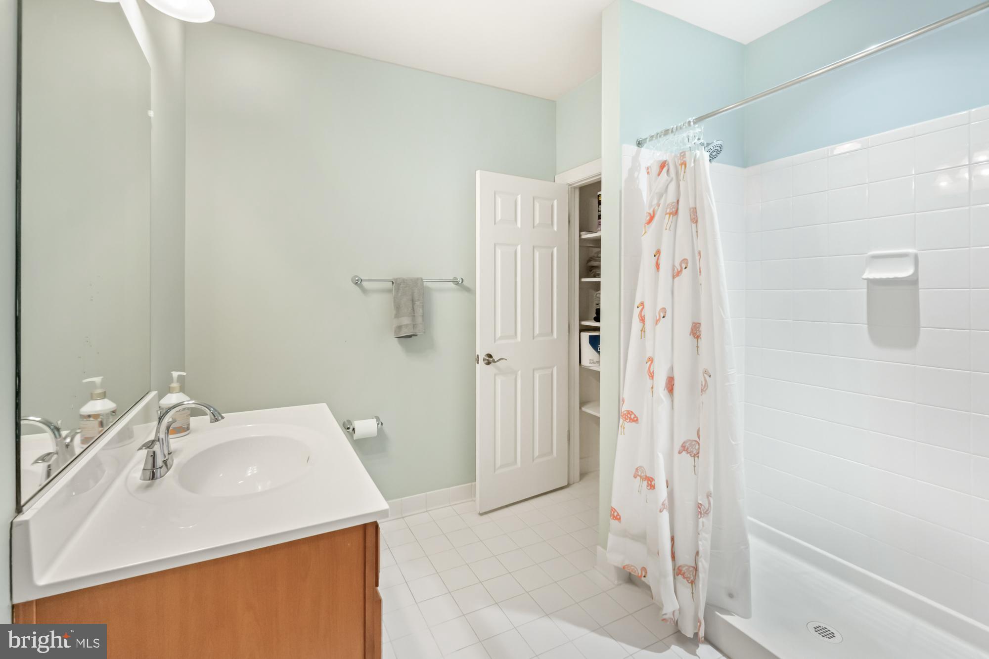 Bathroom with a white tiled shower, wood vanity, pale aqua walls, and flamingo-patterned shower curtain.