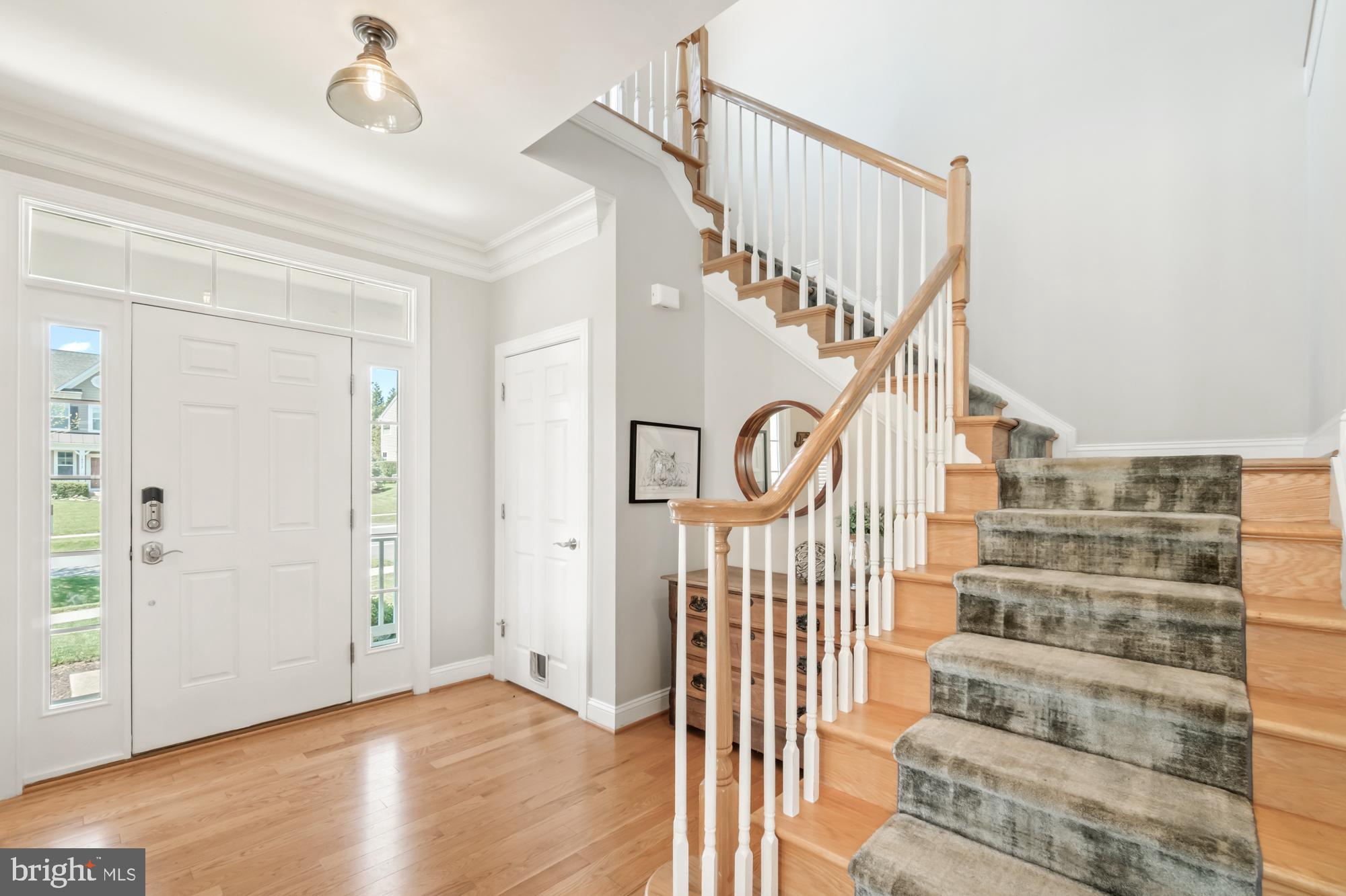 Entry foyer with hardwood floors and a carpeted staircase beside the front door.