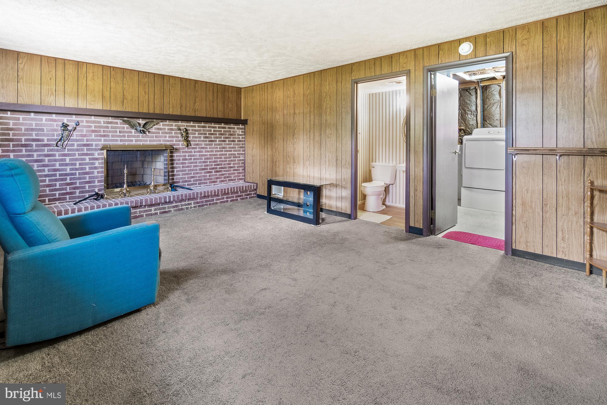 Basement family room with a brick fireplace, wood-paneled walls, and open bathroom and laundry doorways.