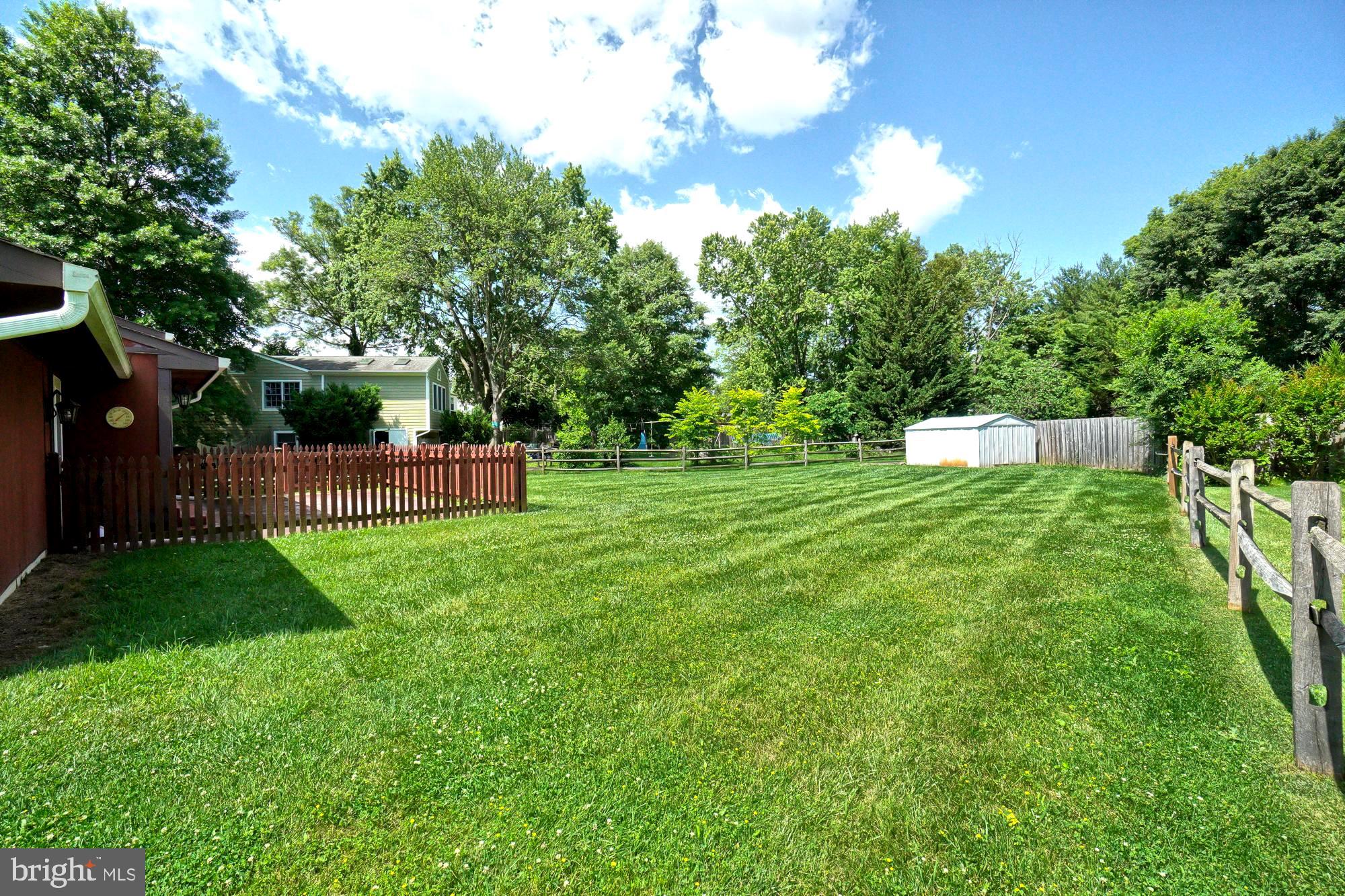 Spacious backyard with a green lawn, wooden fences, mature trees, and a white shed.