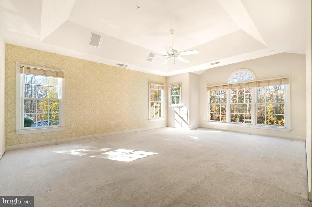 Empty carpeted room with a raised ceiling, patterned wallpaper, ceiling fan, and large windows.