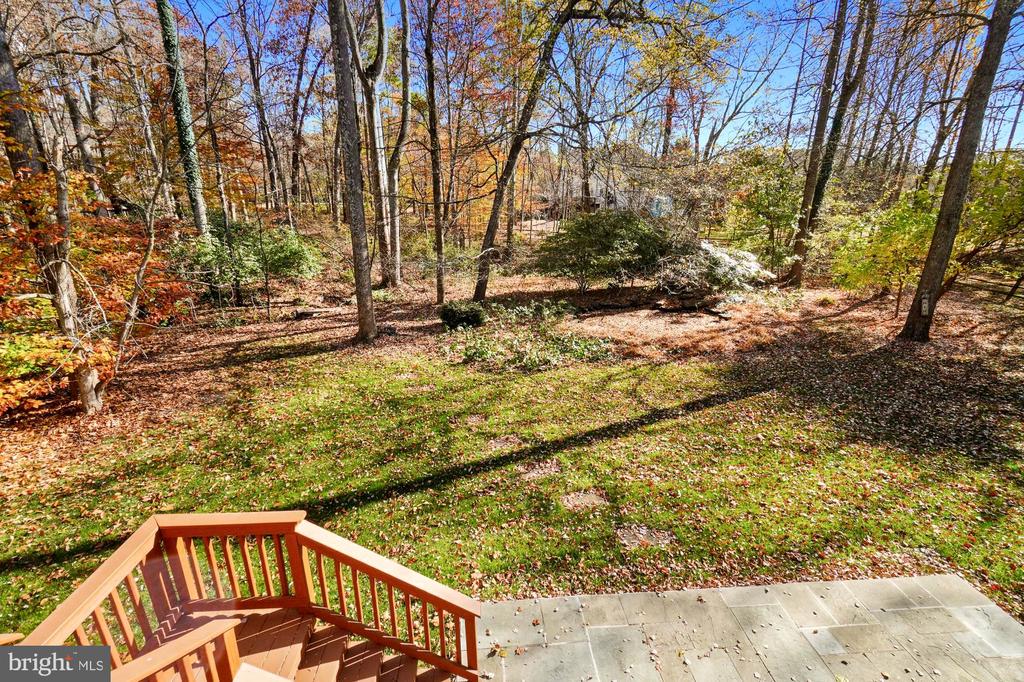 Wooden deck overlooks a spacious, tree-filled backyard with autumn leaves and a paved patio.