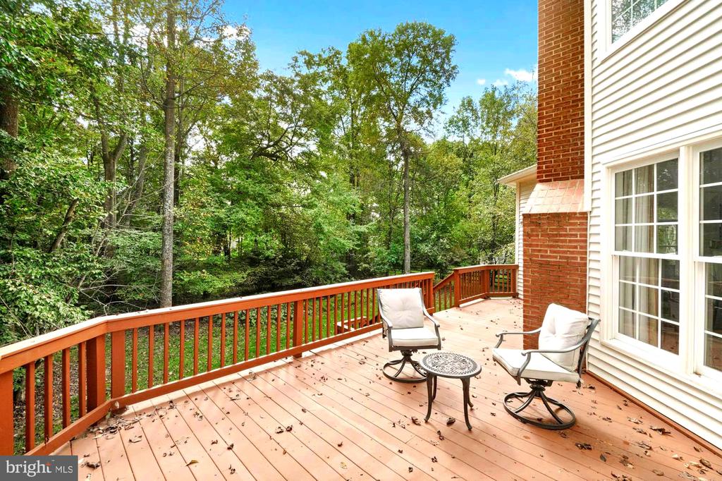 Rear deck with two chairs and wooded views beyond the railing.