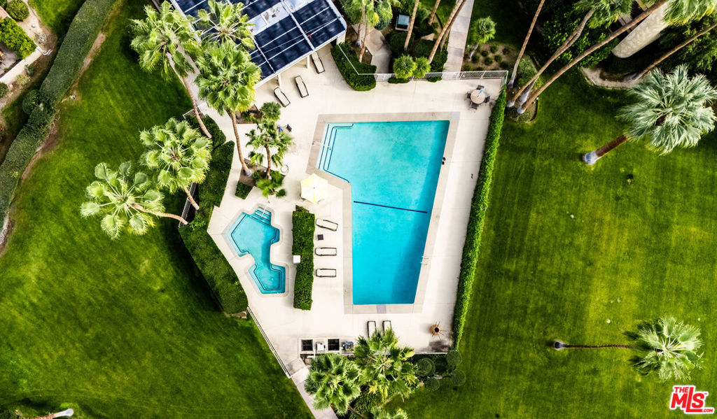 Aerial view of a swimming pool and spa surrounded by lawns, lounge chairs, and palm trees.