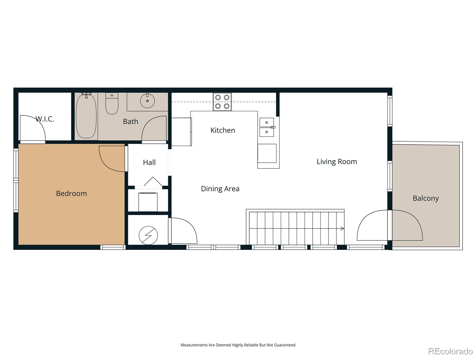 Floor plan with one bedroom, a walk-in closet, bathroom, open living and dining area, and balcony.
