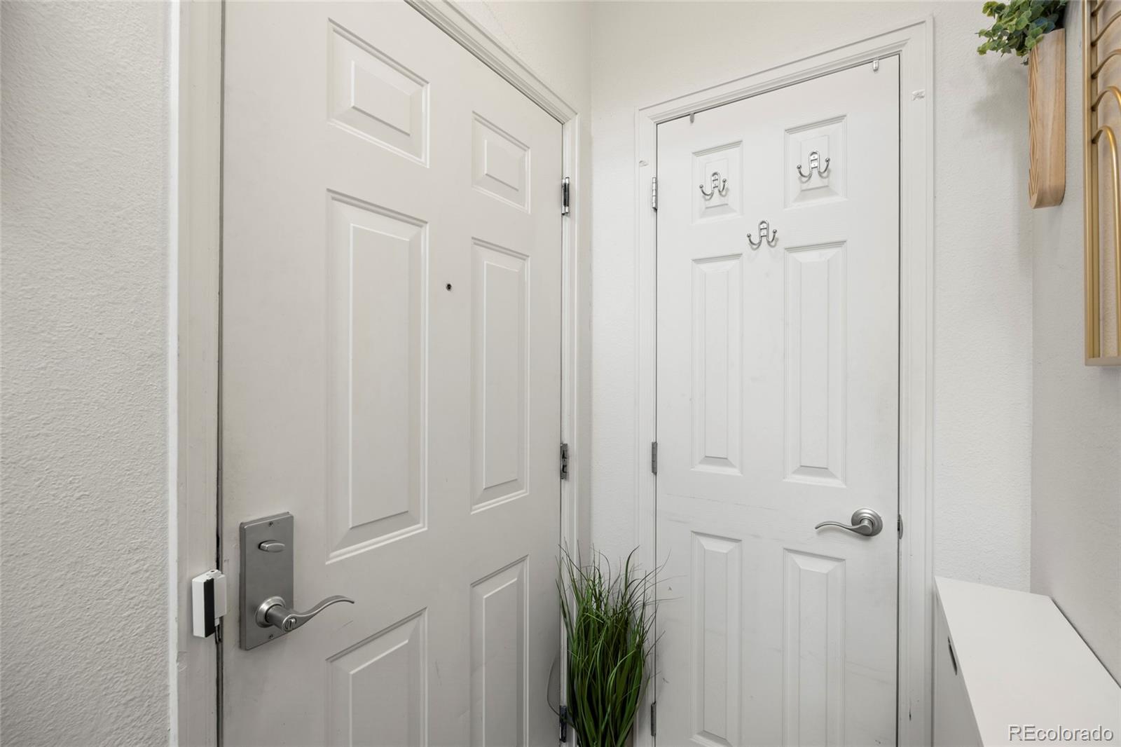 Entryway with two white paneled doors, a keypad lock, coat hooks, and a potted grass plant.