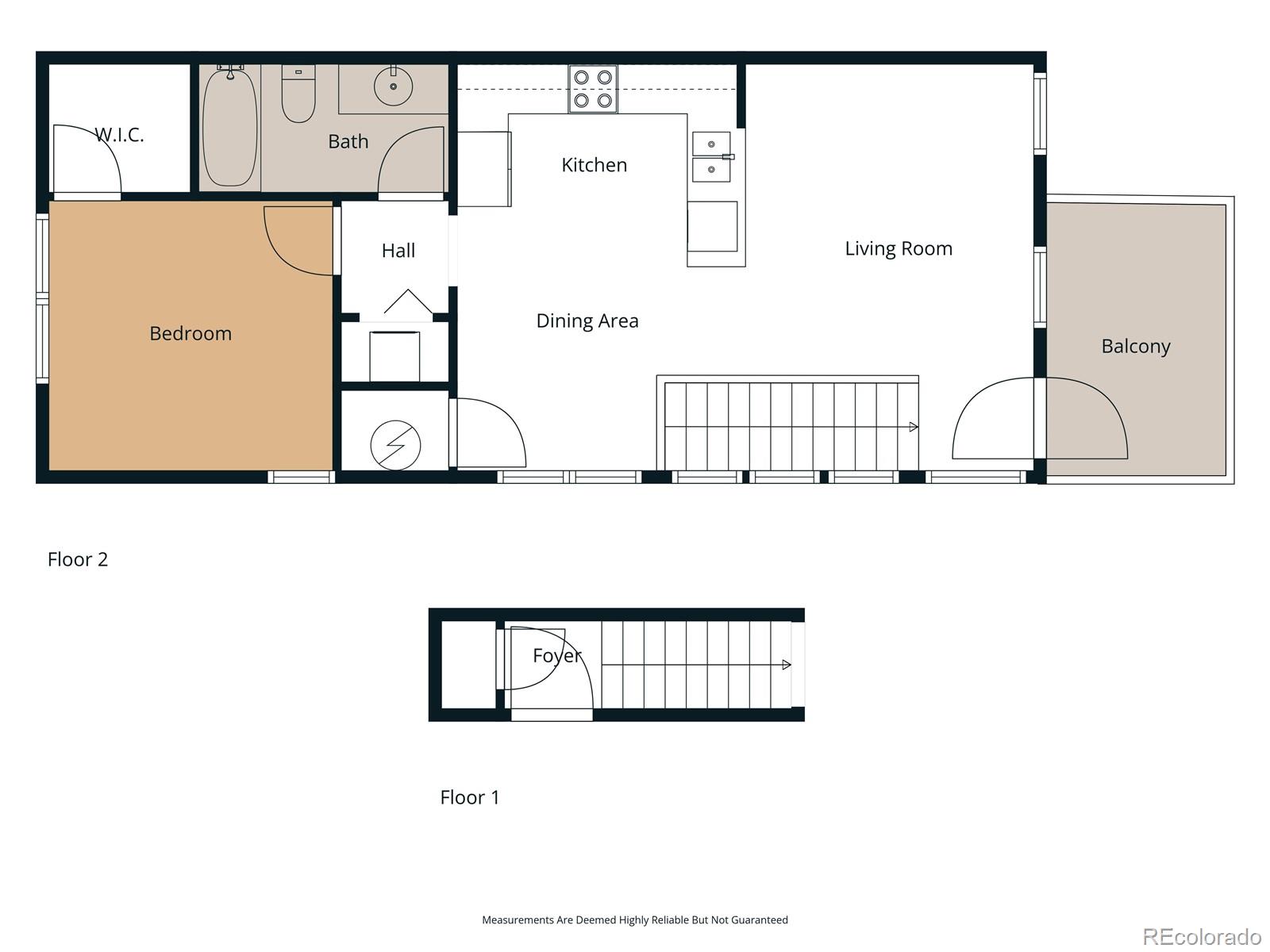 Two-level floor plan with a bedroom, open living area, kitchen, bathroom, balcony, foyer, and stairs.