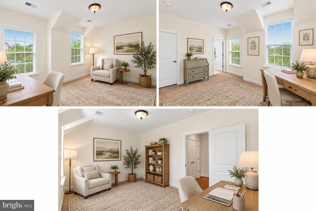 Staged home office with a wooden desk, armchair, bookcase, and large windows.