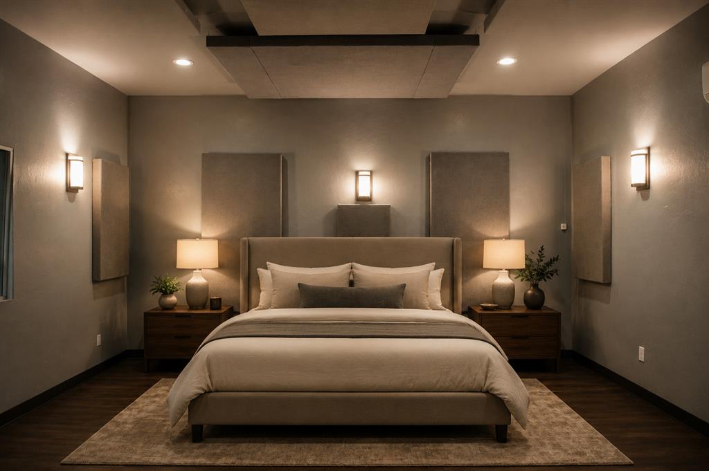 Staged bedroom with a centered upholstered bed, matching nightstands, and warm wall lighting.