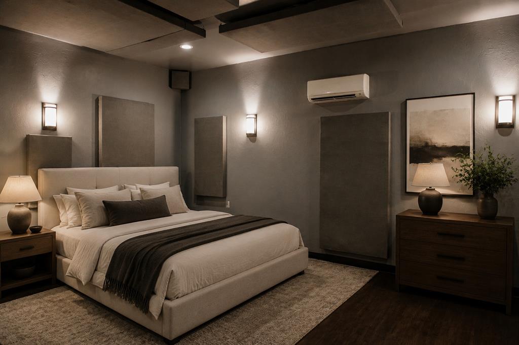 Staged bedroom with a cream upholstered bed, dark throw, exposed ceiling beams, and warm wall lighting.