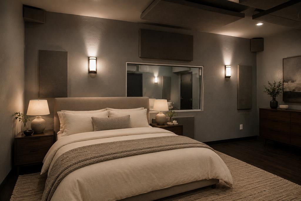 Staged bedroom with a large neutral bed, dark wood nightstands, and a wide mirror above the headboard.