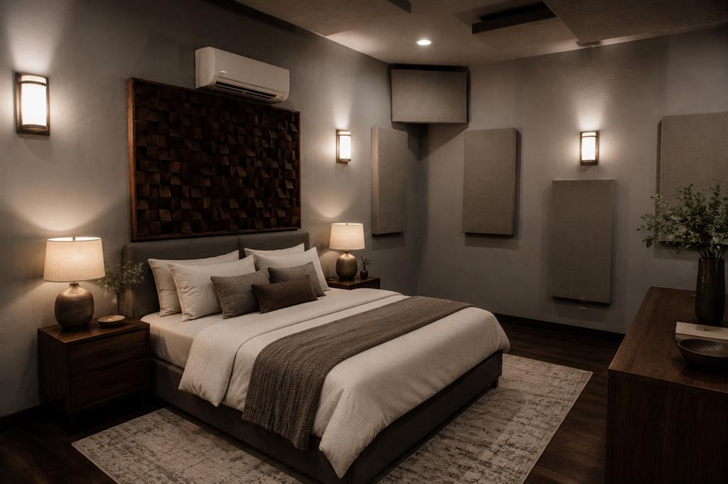 Bedroom with a large neutral-bedded bed, dark wood nightstands, warm sconces, and a wall-mounted air conditioner.