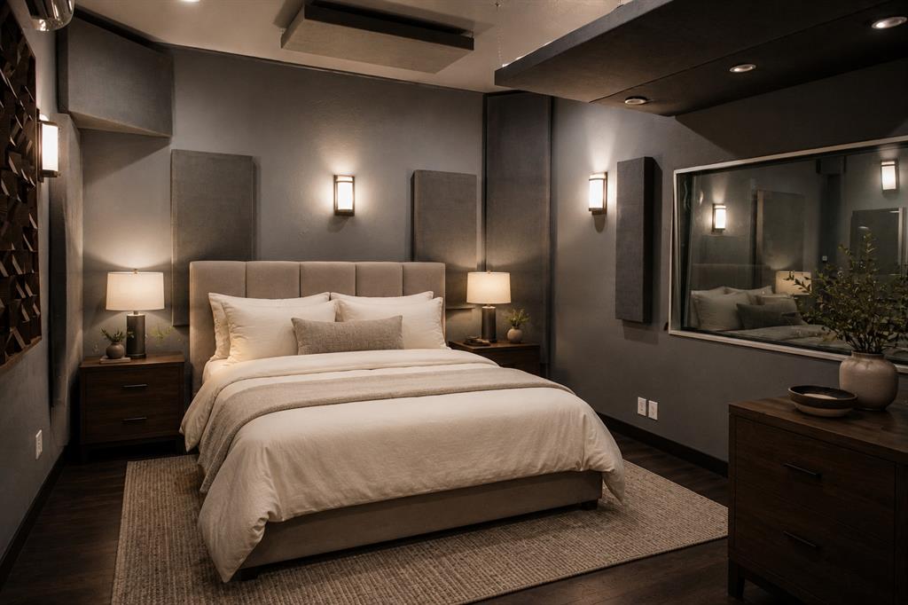 Furnished bedroom with a large bed, upholstered headboard, and wide wall mirror.