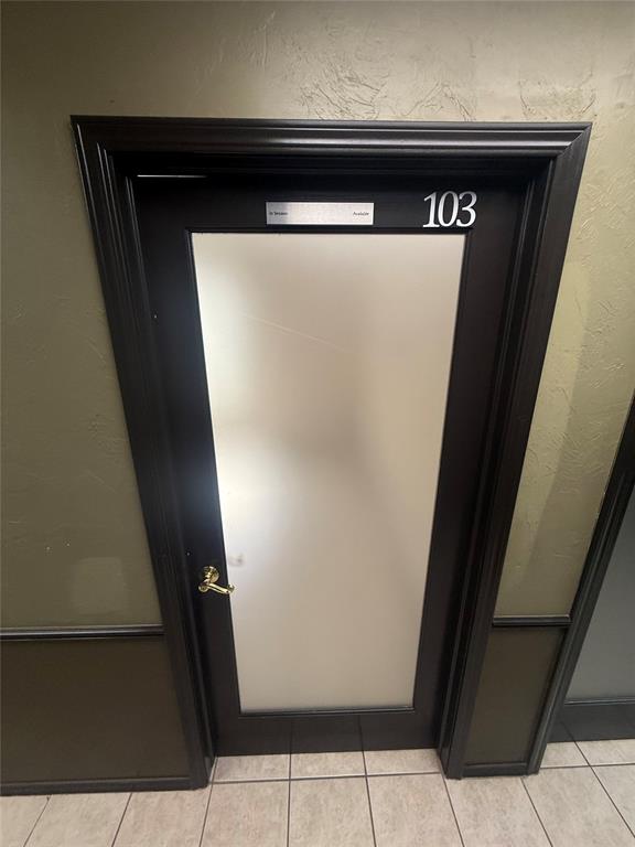 Office suite door 103 with an opaque glass panel, dark trim, and brass handle.