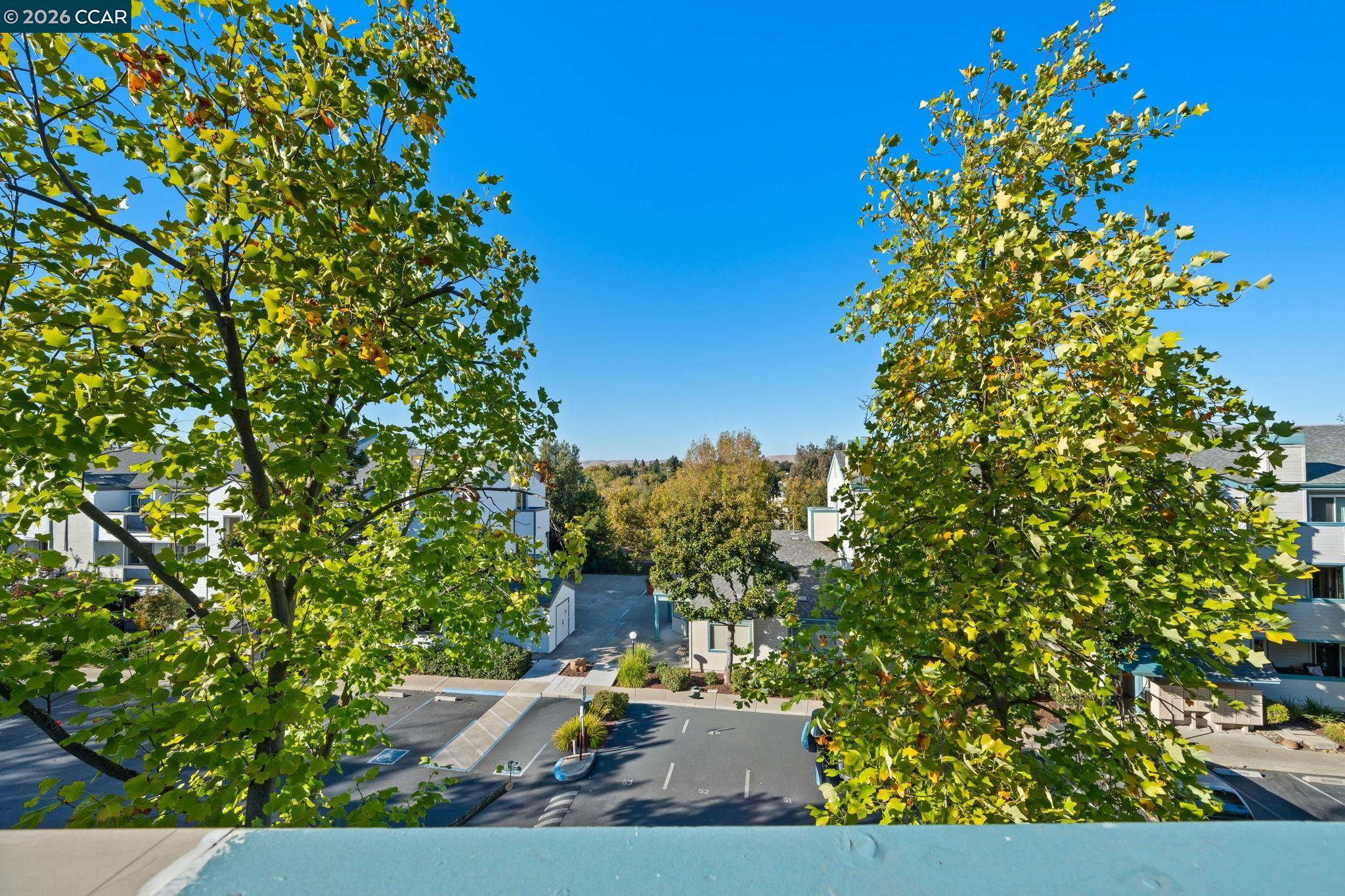 Condominium courtyard and parking area framed by leafy trees, viewed from a balcony.