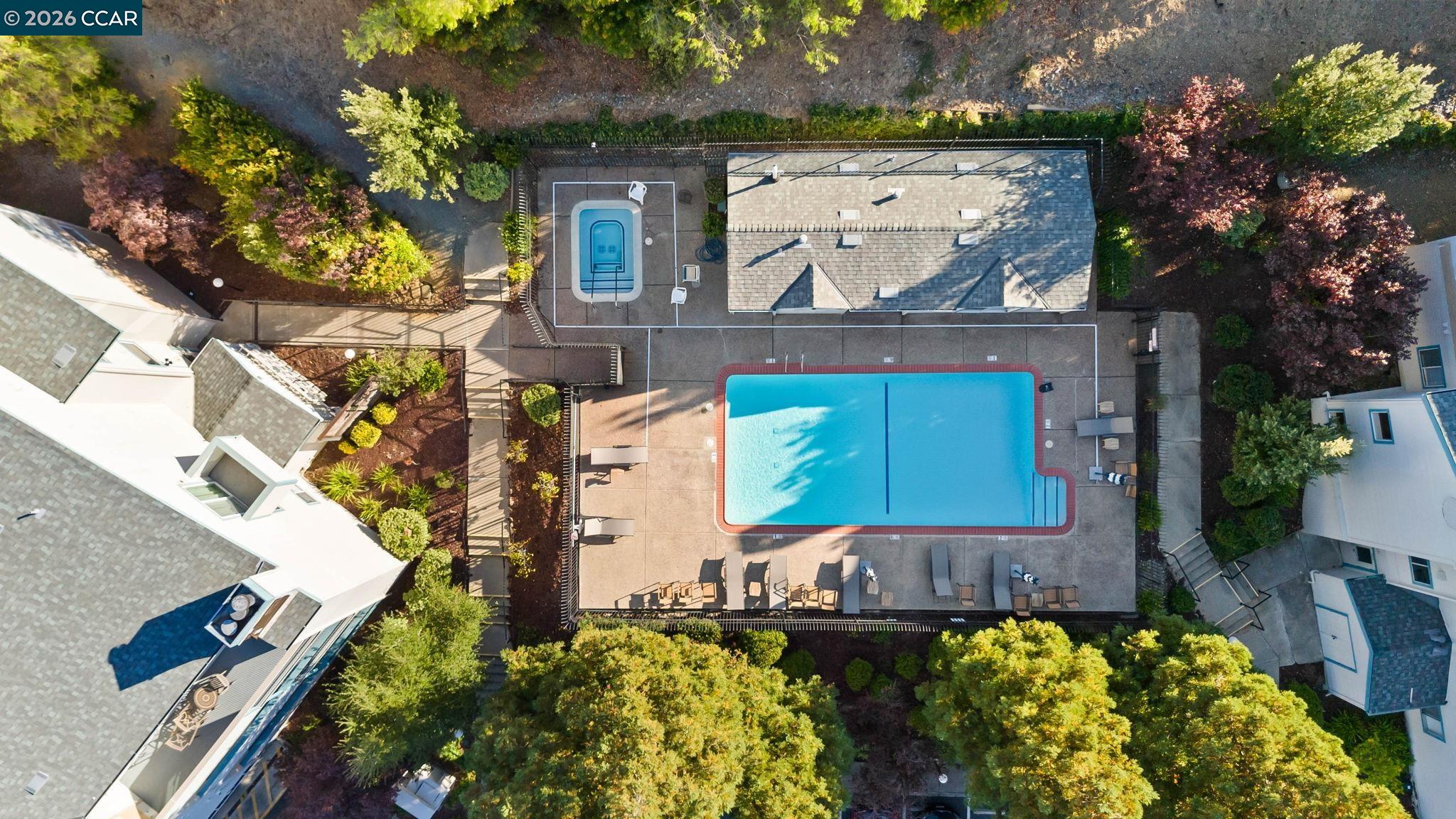 Aerial view of a residential pool courtyard with a lap pool, spa, and landscaped grounds.