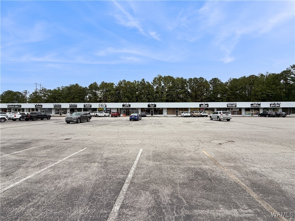 Black Warrior Center retail strip with storefronts, a large parking lot, and parked vehicles.