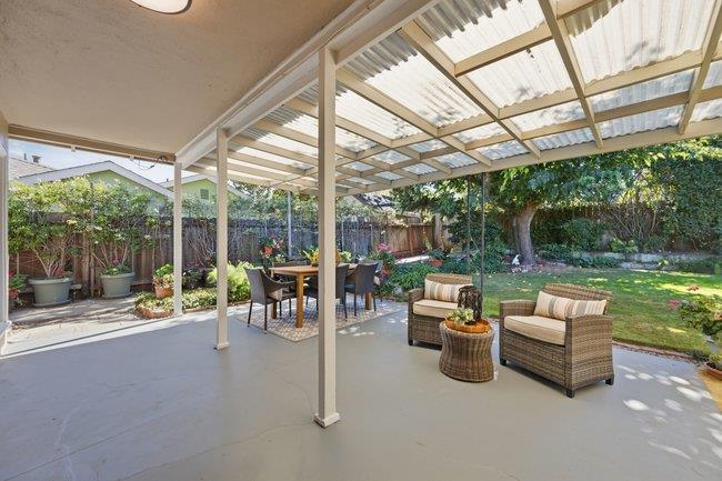 Covered backyard patio with wicker seating and dining area overlooking a tree-lined lawn.