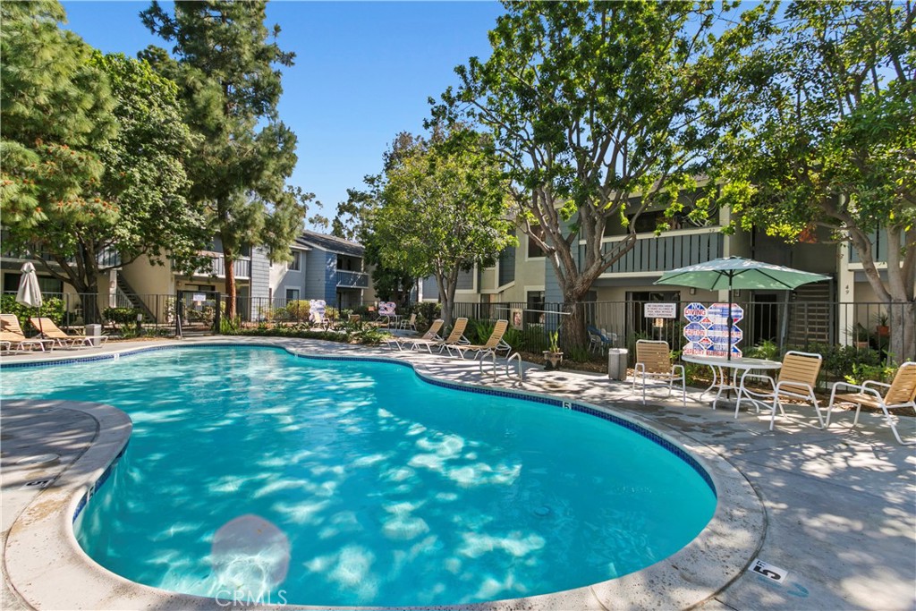 Community swimming pool surrounded by lounge chairs, patio tables, mature trees, and apartment buildings.