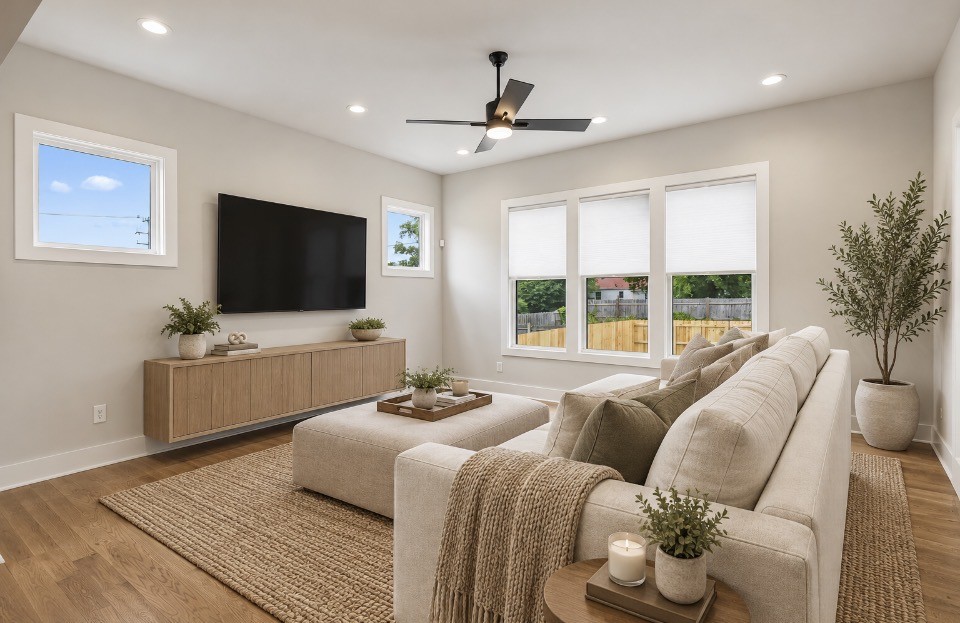 Staged living room with a light sectional, wall-mounted TV, hardwood floors, and windows overlooking a fenced yard.