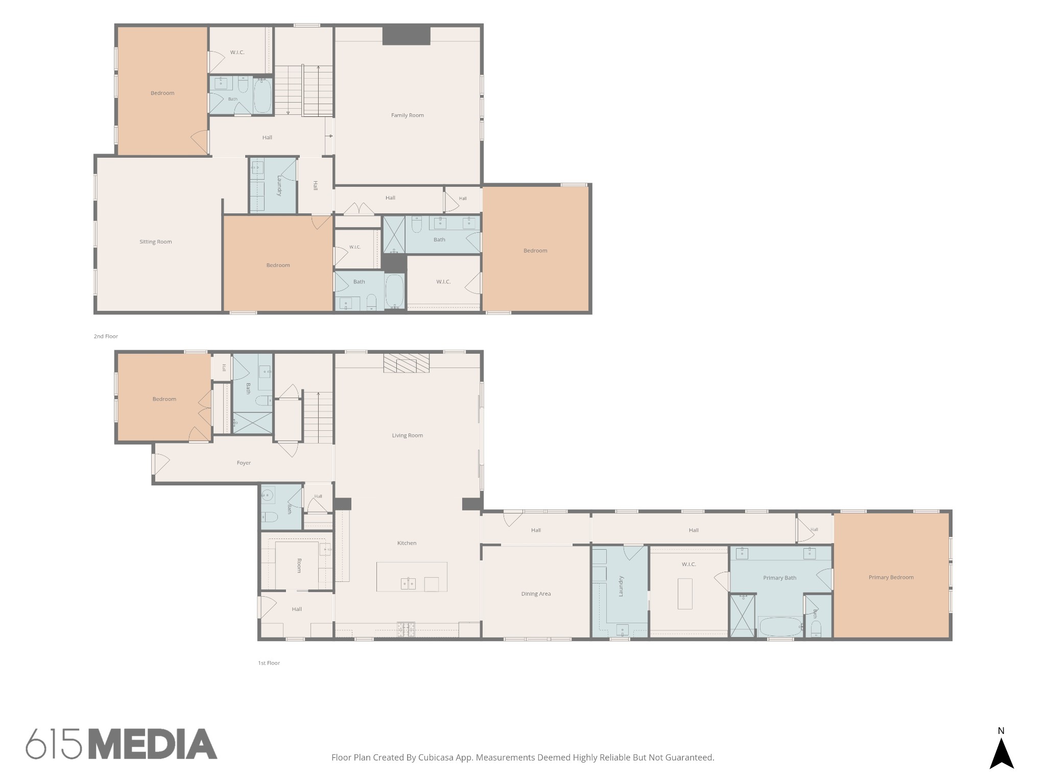 Two-story floor plan showing bedrooms, living areas, kitchen, bathrooms, and laundry.