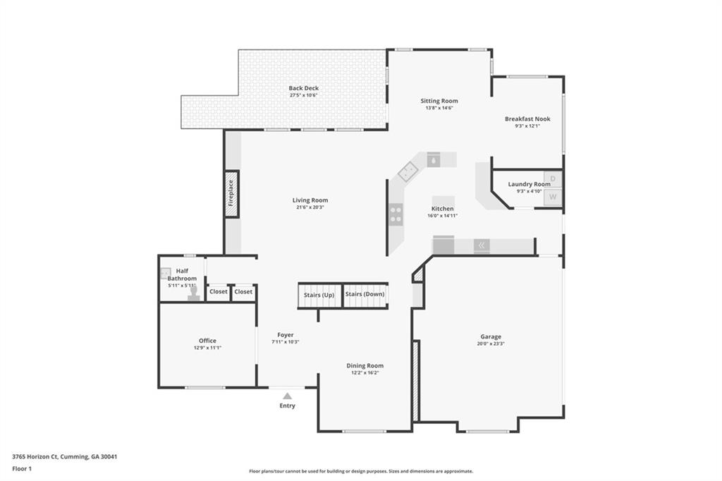 First-floor plan of 3765 Horizon Court, showing room layouts, labeled dimensions, a back deck, and garage.