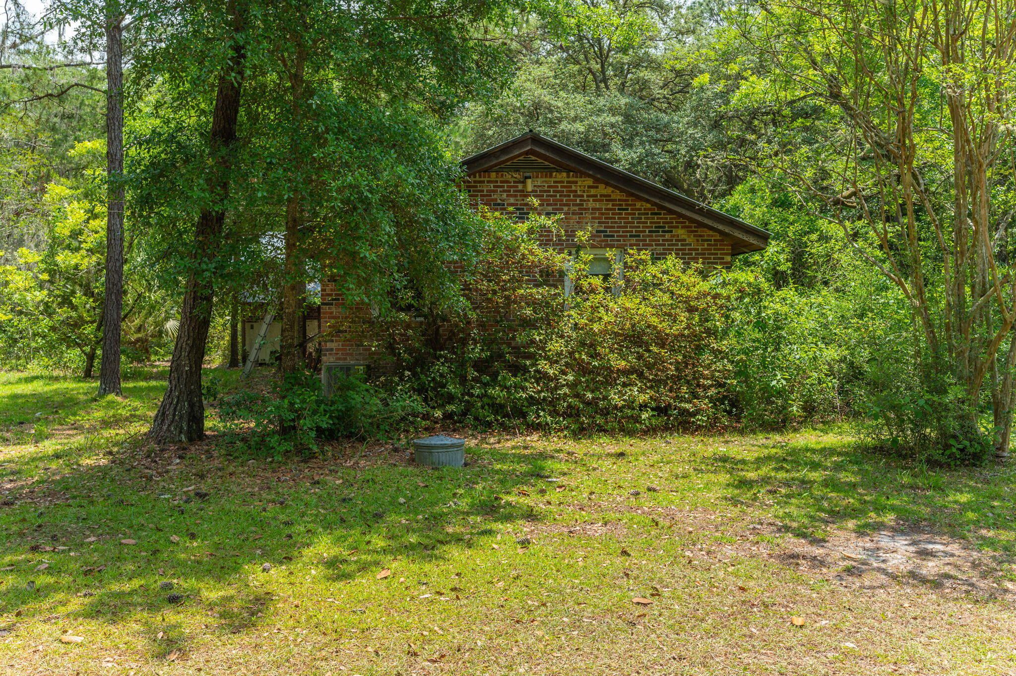 Brick building partly obscured by trees and shrubs on a wooded lot.