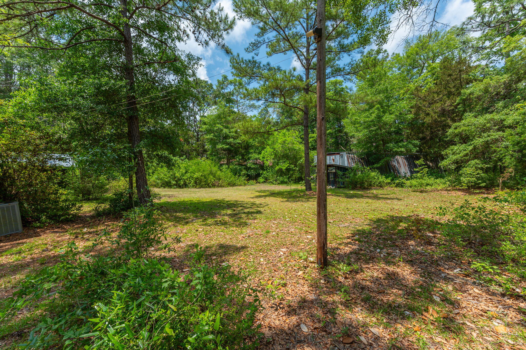 Wooded property clearing with a utility pole and a small metal-sided structure among the trees.