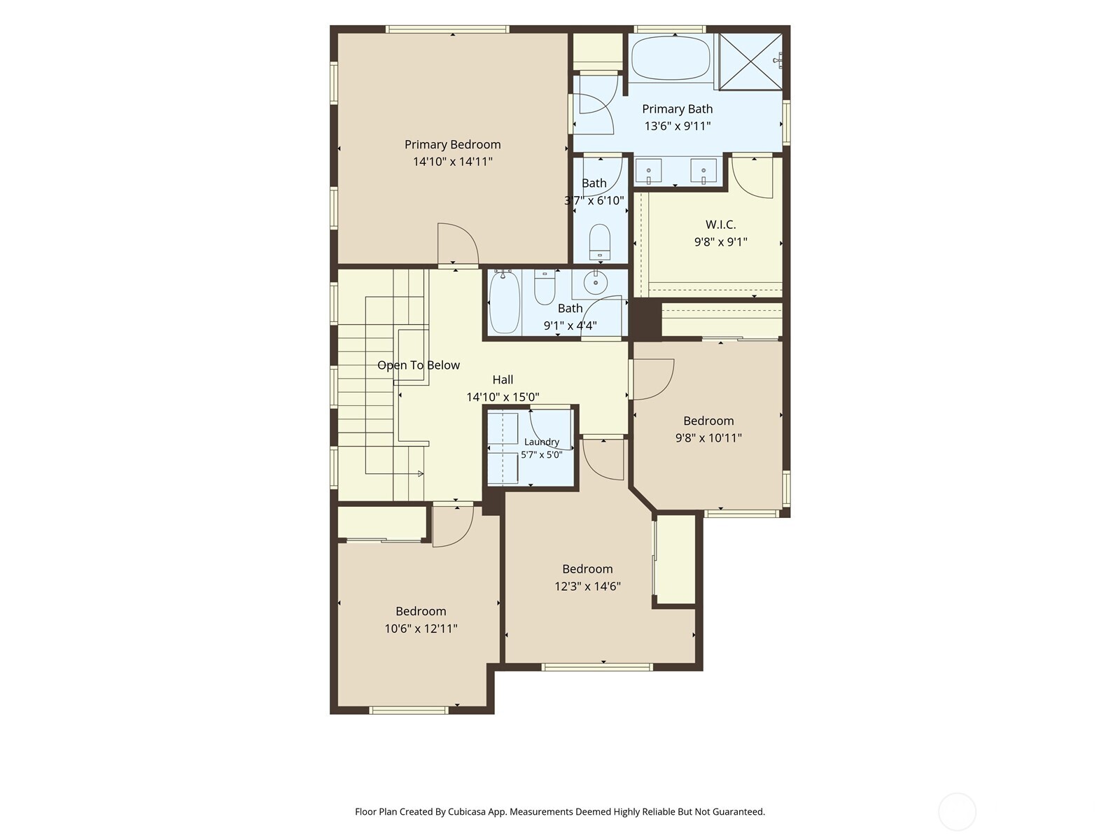 Second-floor floor plan with four bedrooms, three bathrooms, laundry, and an open-to-below area.