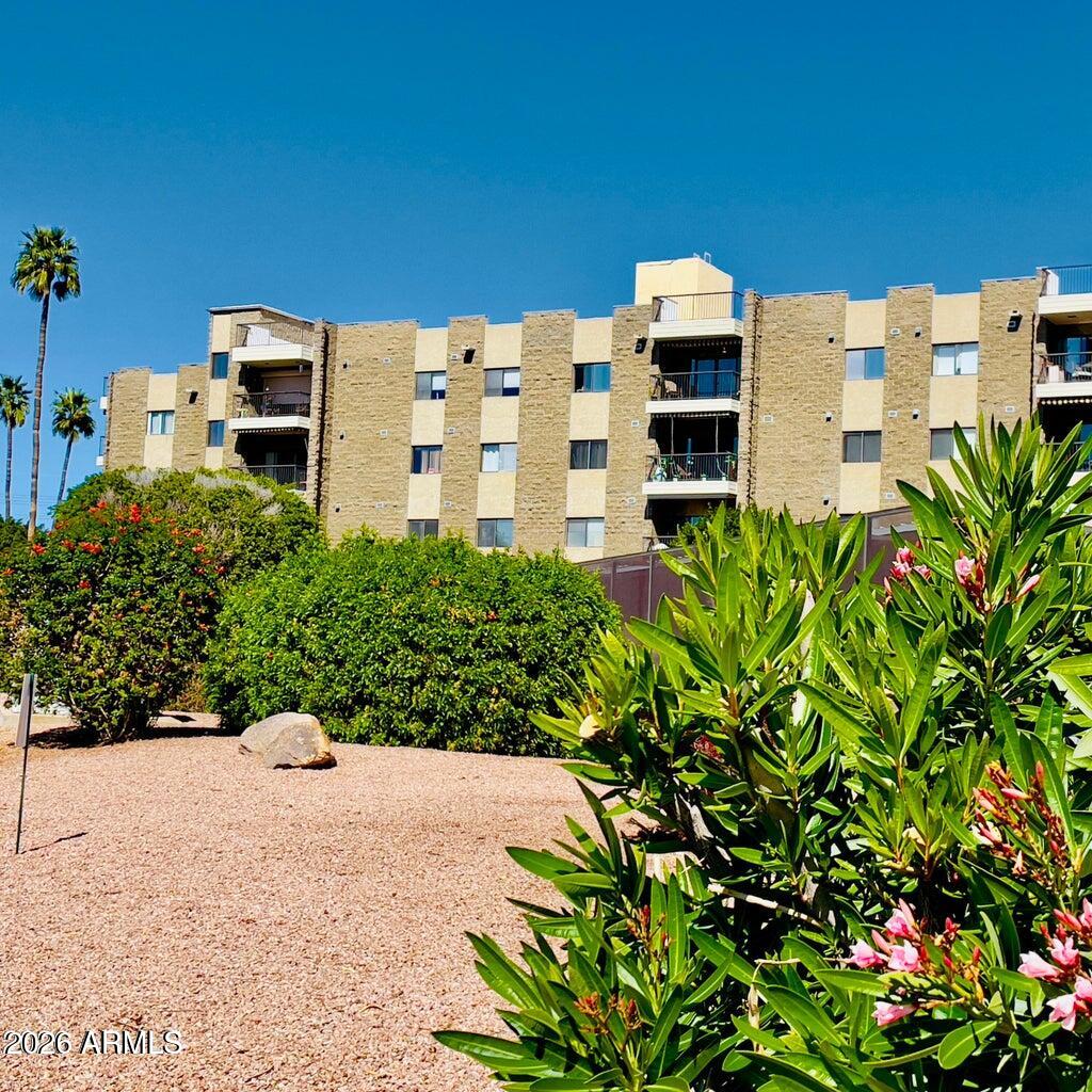 Multi-story apartment building behind flowering desert landscaping and gravel grounds.