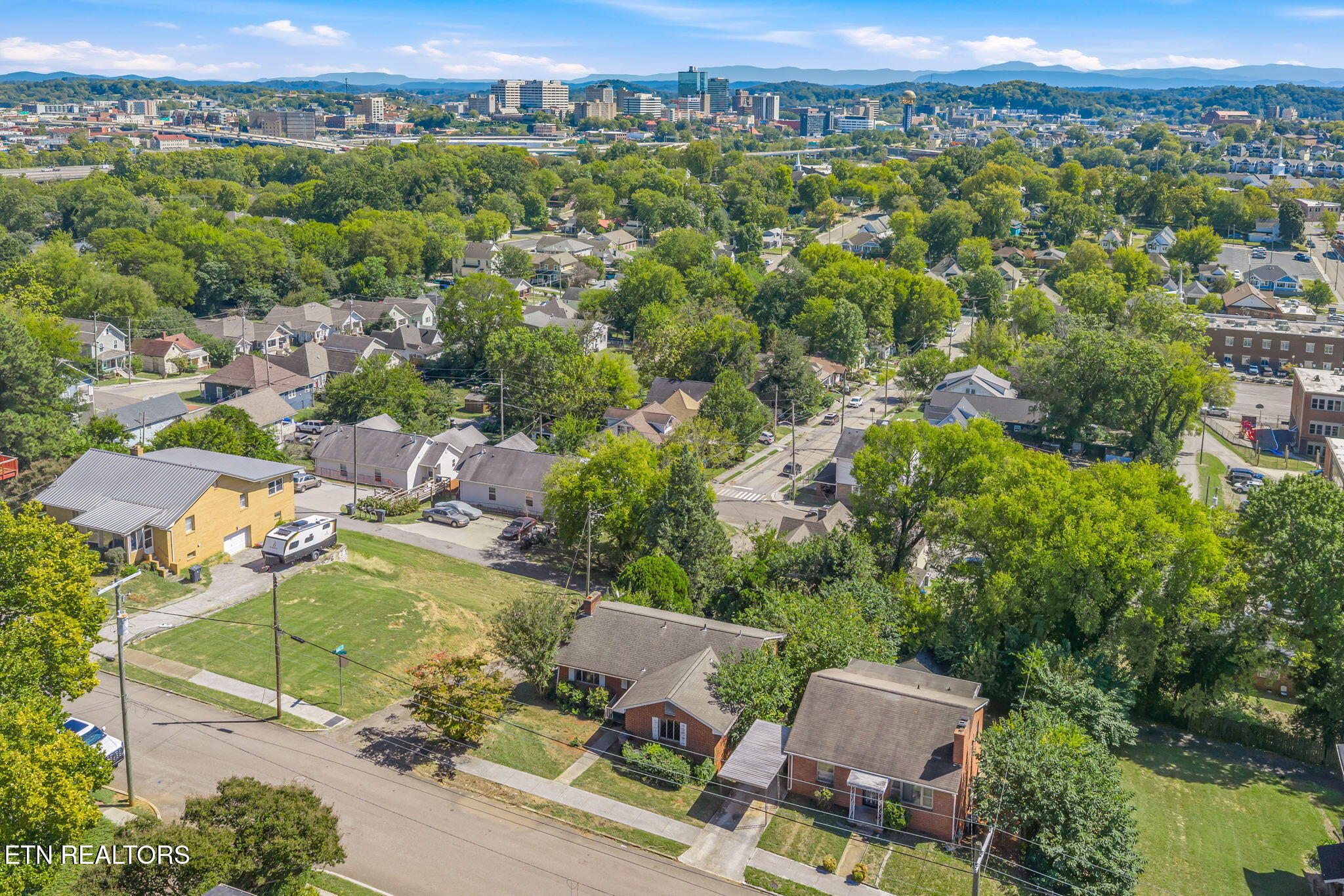Aerial view of a leafy neighborhood, with a city skyline and distant mountains beyond.