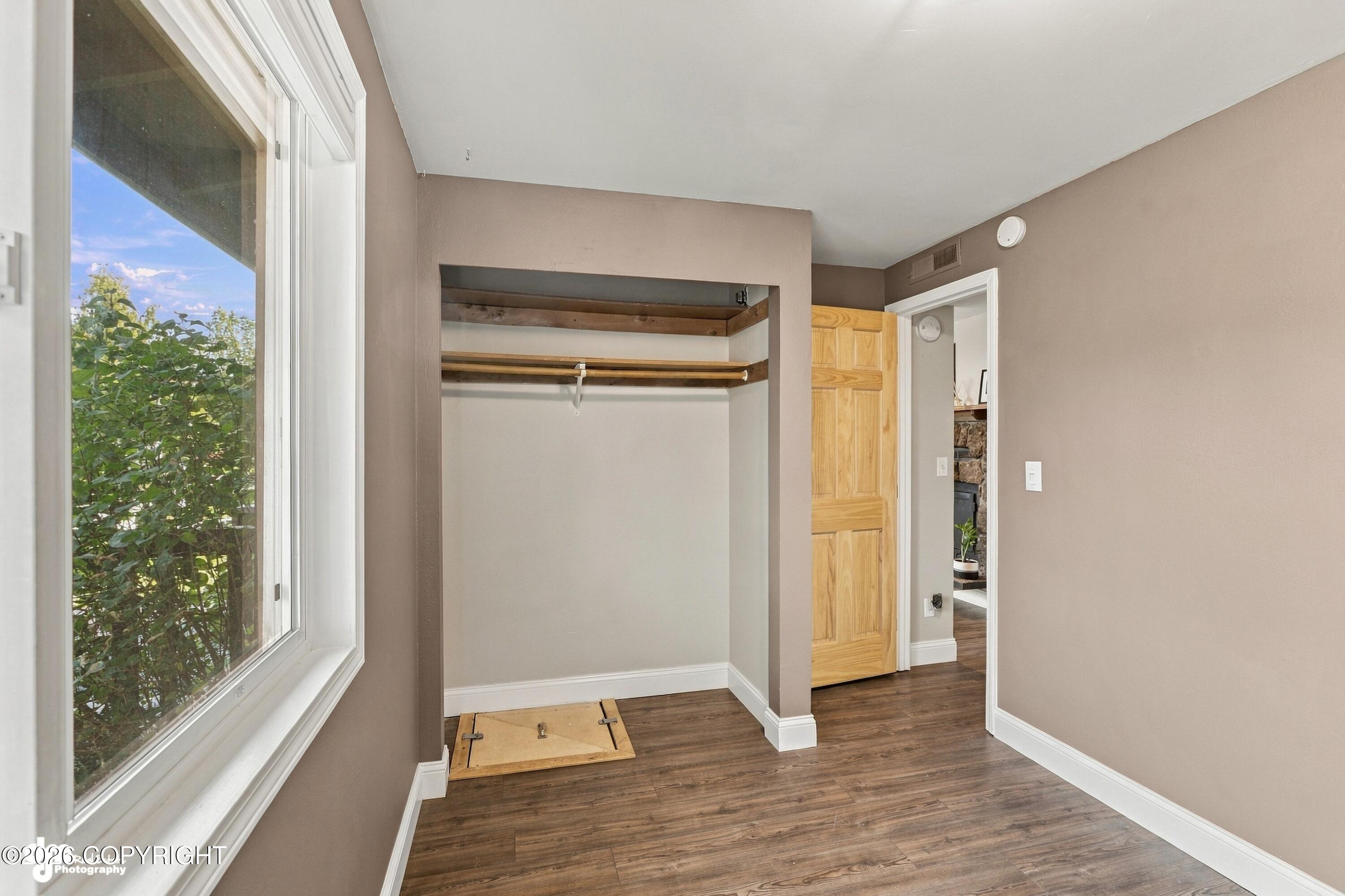 Empty walk-in closet with a wooden hanging rail, large window, and dark wood-look flooring.