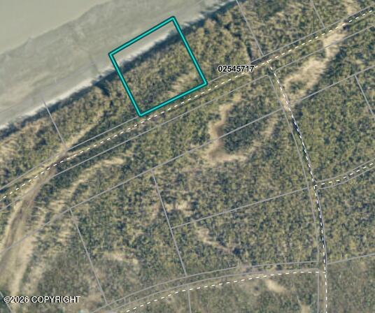 Aerial view of a wooded parcel outlined beside a shoreline, with surrounding property boundaries.