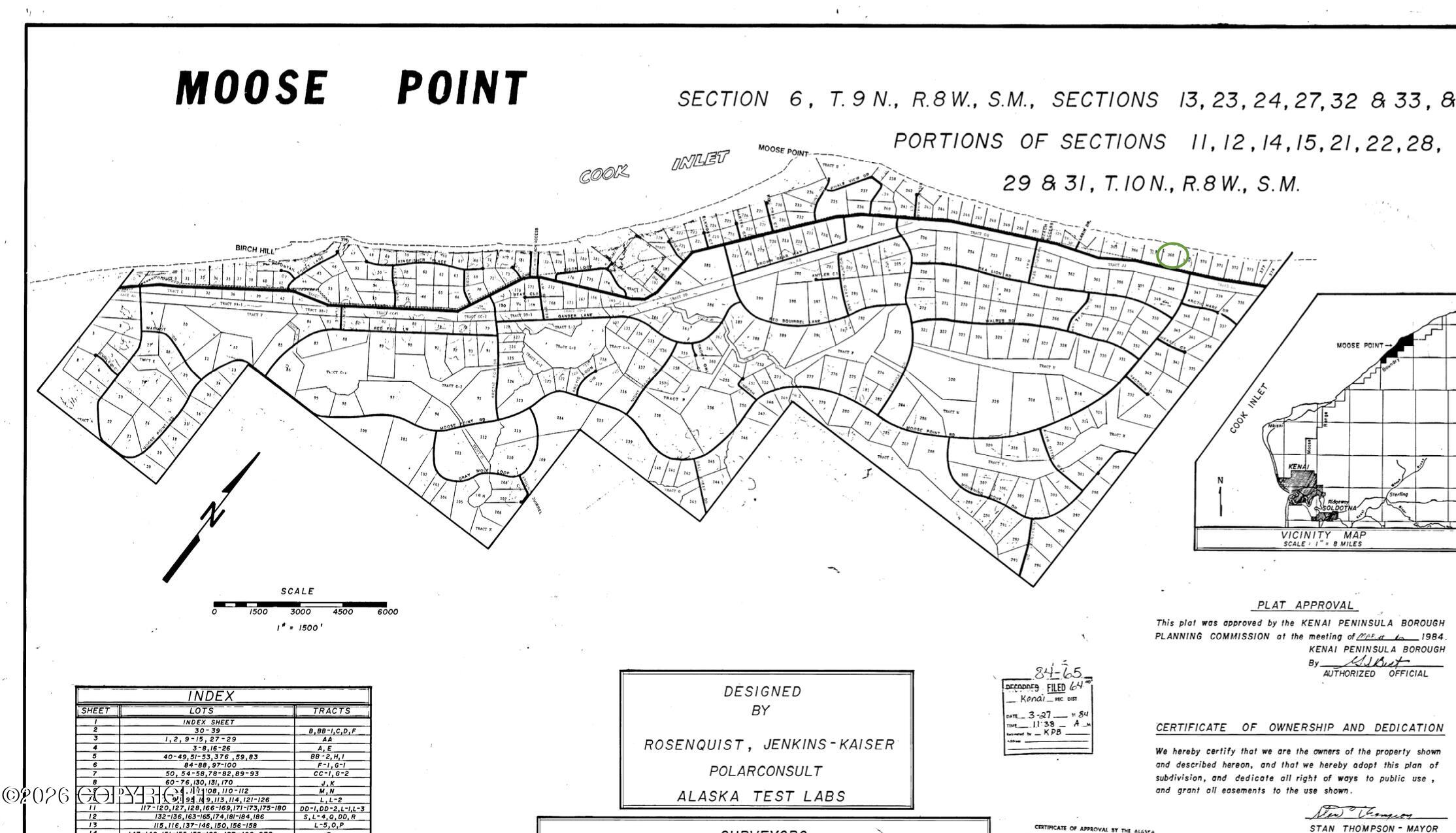 Moose Point subdivision plat map showing numbered parcels and a green-circled lot near Cook Inlet.